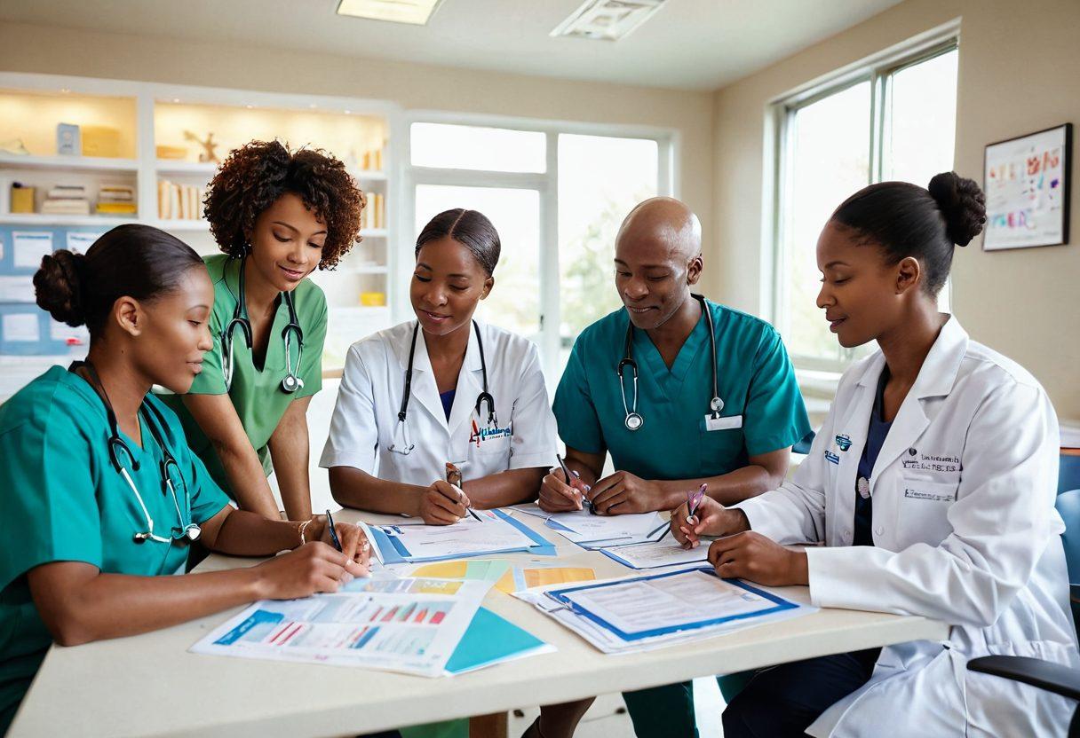 A serene scene depicting a diverse group of healthcare professionals collaborating in a bright, inviting room filled with cancer care resources and supportive materials. Include visual elements like cancer awareness ribbons, medical charts, and research documents, alongside comforting imagery of patients receiving care. Highlight a balance of hope and knowledge, with soft lighting symbolizing support and understanding. super-realistic. vibrant colors. warm atmosphere.
